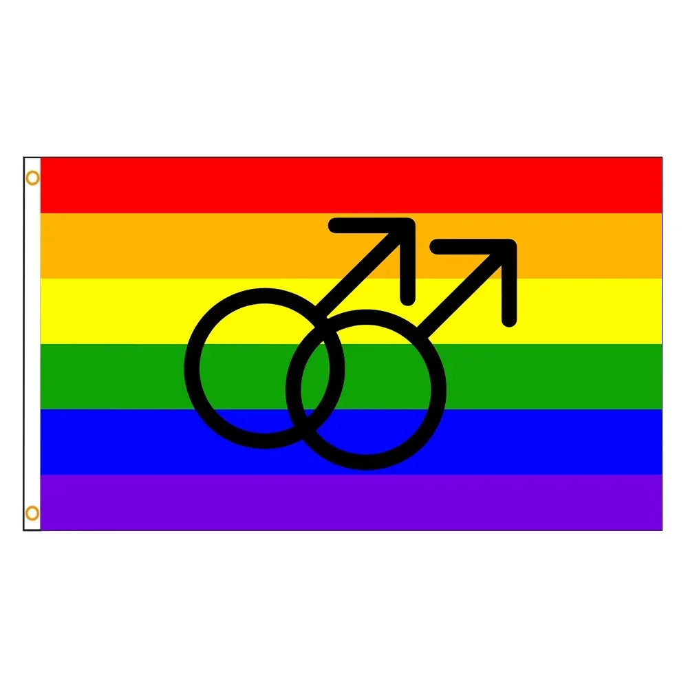 Gay Regenbogen Fahne mit Pride Farben und schwarzem Maenner Symbol
