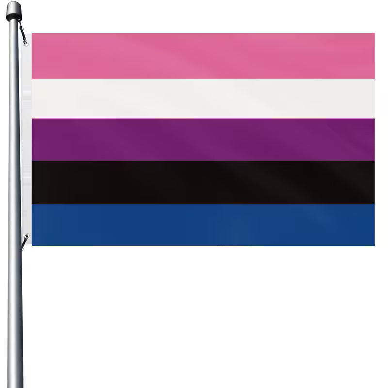 Genderfluid Pride Flagge 90 × 150 cm aus Polyester mit fünf horizontalen Streifen in Pink, Weiss, Violett, Schwarz und Blau sowie Metallösen zur Befestigung.