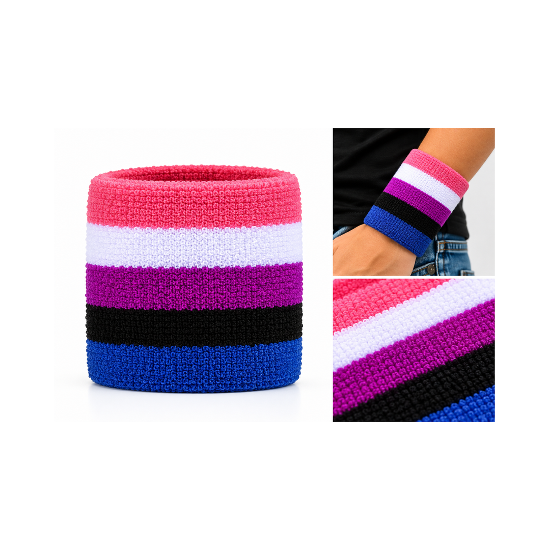 Genderfluid Pride Schweissband aus Frottee mit Produktansicht, Tragebeispiel und Detailaufnahme der fünf Pride-Farben