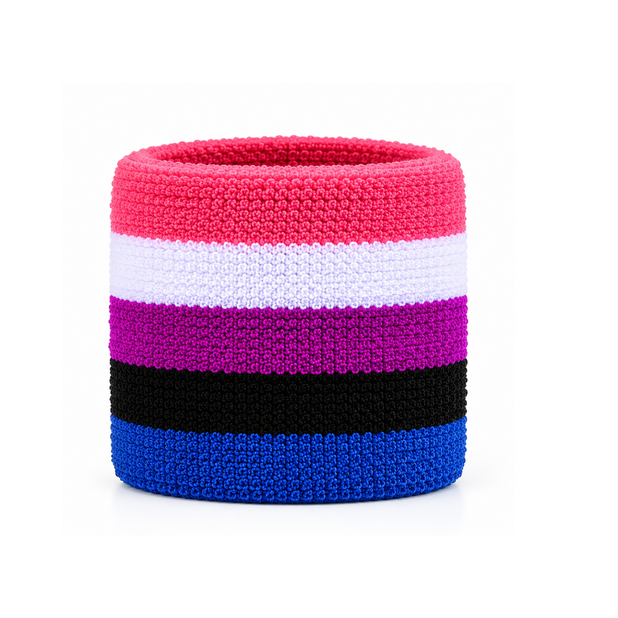 Genderfluid Pride Schweissband aus Frottee mit fünf Streifen in Pink, Weiss, Violett, Schwarz und Blau auf weissem Hintergrund