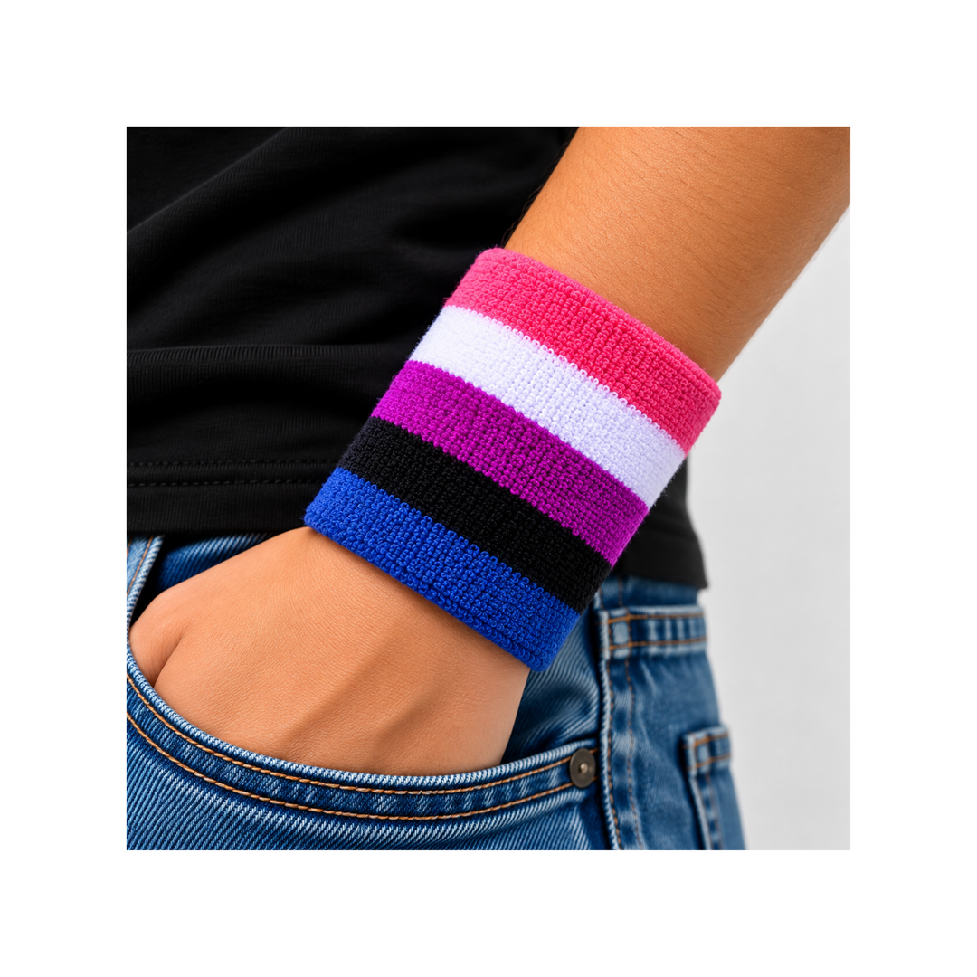 Genderfluid Pride Schweissband aus Frottee in Pink, Weiss, Violett, Schwarz und Blau am Handgelenk getragen