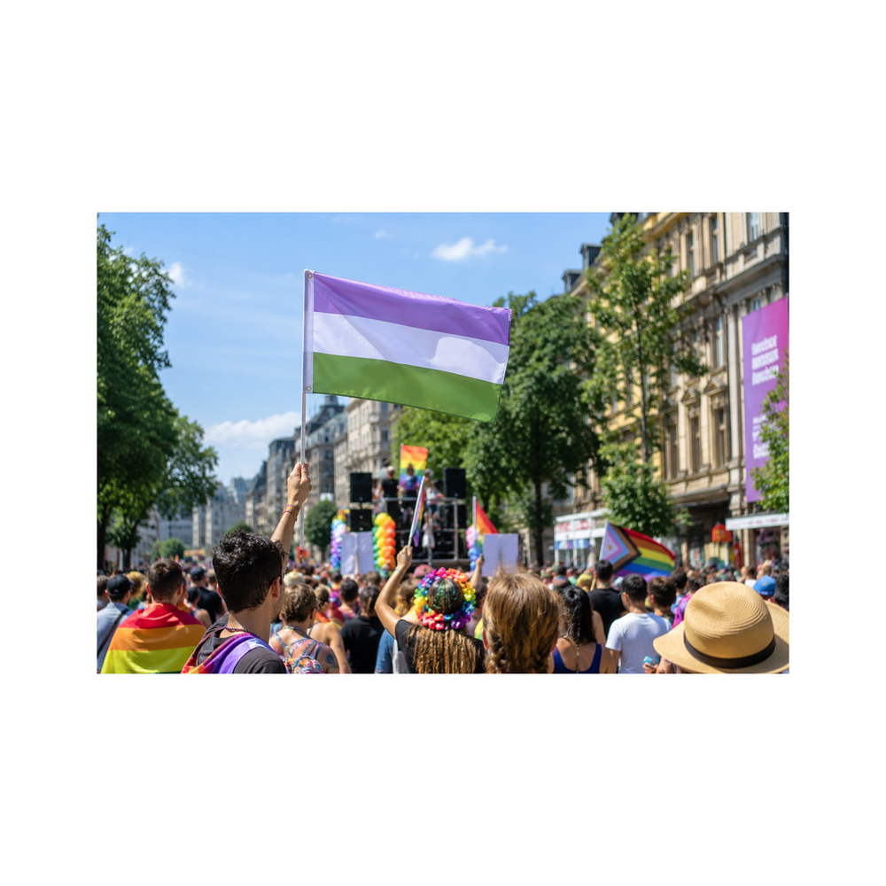 Genderqueer Pride Flagge mit lavendelfarbenem, weissem und grünem Streifen wird während einer Pride-Parade getragen und steht für geschlechtliche Vielfalt, Sichtbarkeit und die LGBTQIA+-Community.