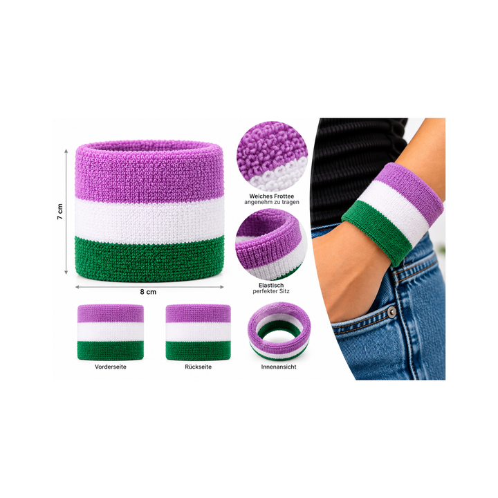 Genderqueer Pride Frottee-Schweissband mit Produktansicht, Tragebeispiel und Nahaufnahme der lavendel-weiss-grünen Streifen