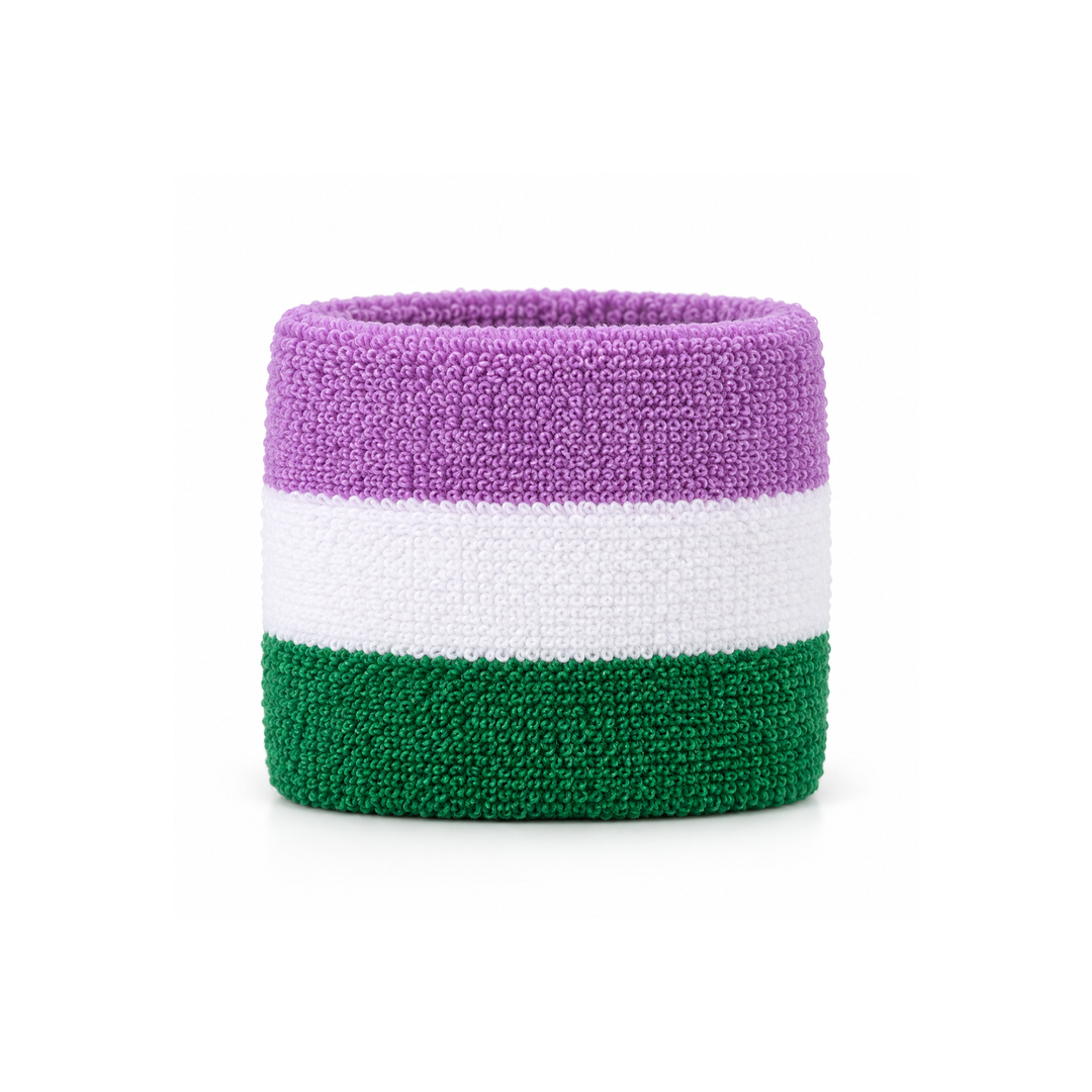 Genderqueer Pride Schweissband aus Frottee in Lavendel, Weiss und Grün auf weissem Hintergrund