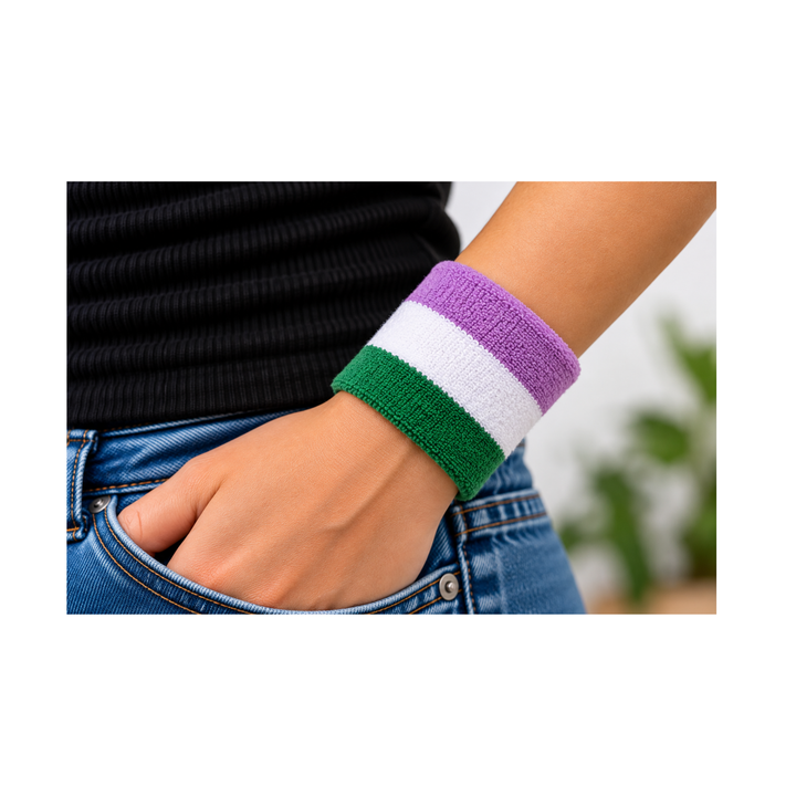 Genderqueer Pride Schweissband in Lavendel, Weiss und Grün am Handgelenk getragen, kombiniert mit Jeans und schwarzem Oberteil