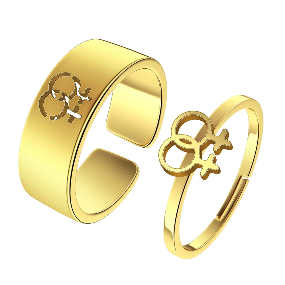 Goldenes Ring-Set mit verstellbaren Ringen und filigranem Symbol-Design, glänzendes Accessoire für Damen