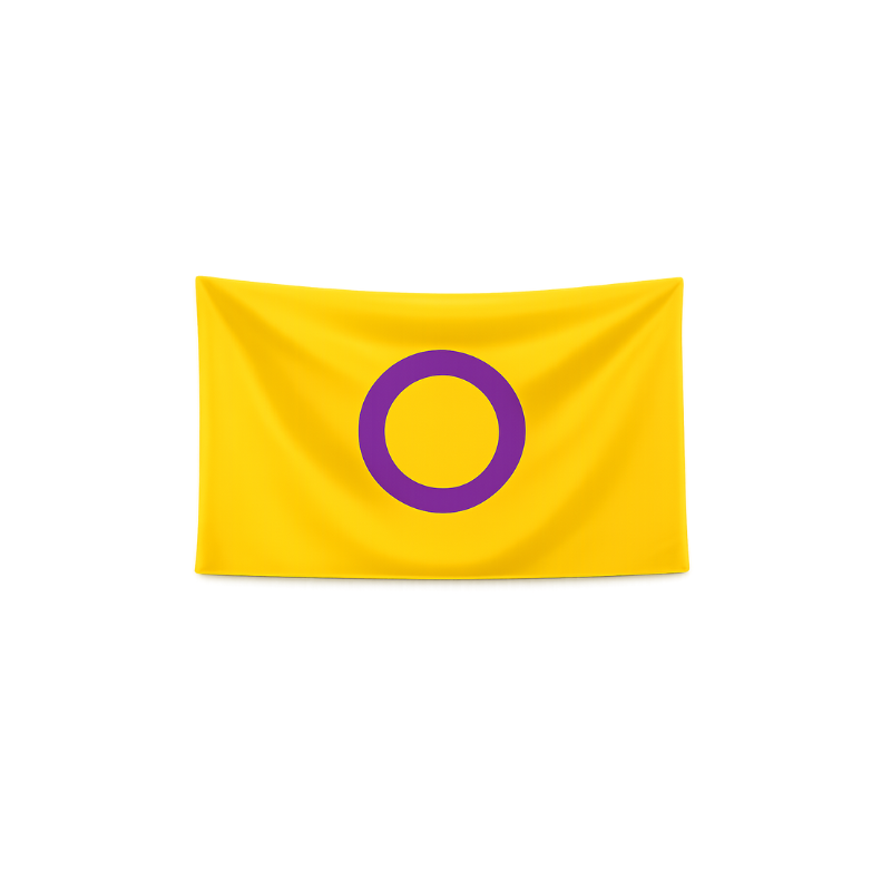 Intersexuelle Pride Flagge in Gelb mit violettem Kreis, freigestellt mit leichtem Schatten, Format 60x90 cm
