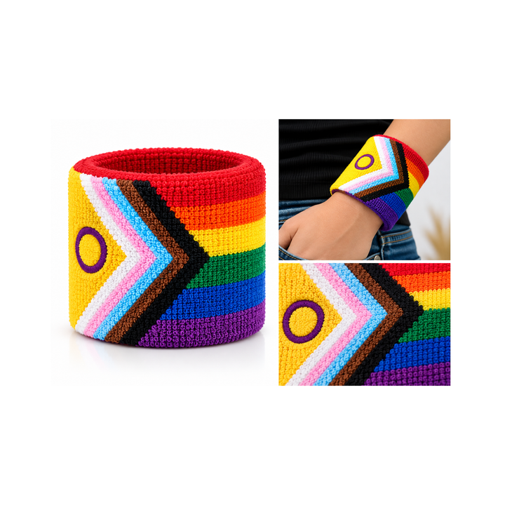 Intersex Inclusive Progress Pride Schweissband mit Produktansicht, Tragebeispiel und Nahaufnahme des Regenbogen-Designs mit Intersex-Symbol