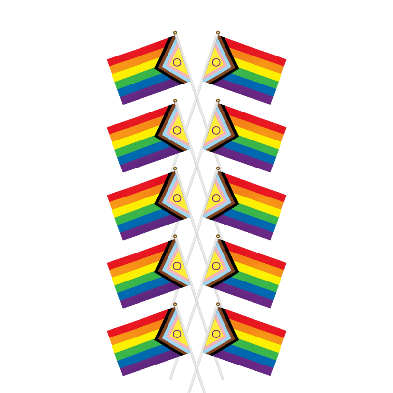 Zehn intersex-inklusive Progress Pride Handflaggen im Set – ideal für Gruppen, Pride-Events und sichtbare Solidarität.