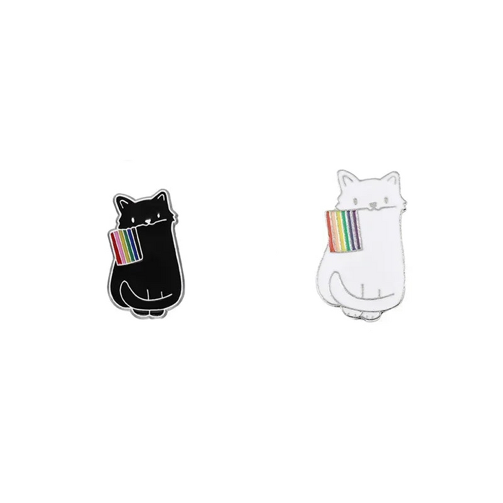 Schwarzer und weißer Katzen-Pin aus Emaille mit Regenbogen-Pride-Motiv