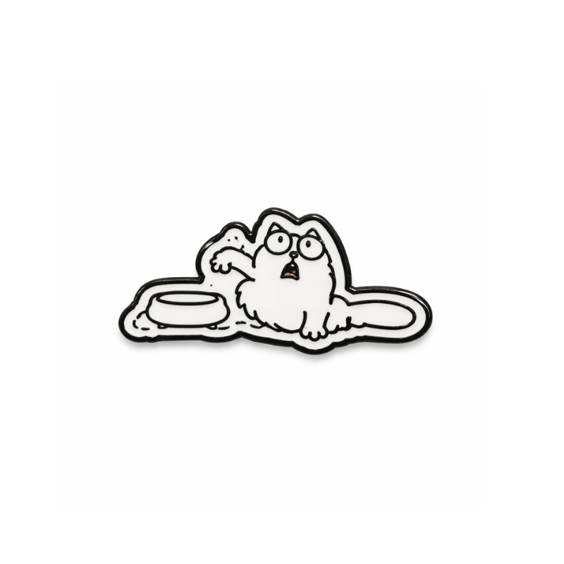 Schwarz-weißer Katzen-Pin mit hungriger Katze neben leerem Futternapf auf weißem Hintergrund