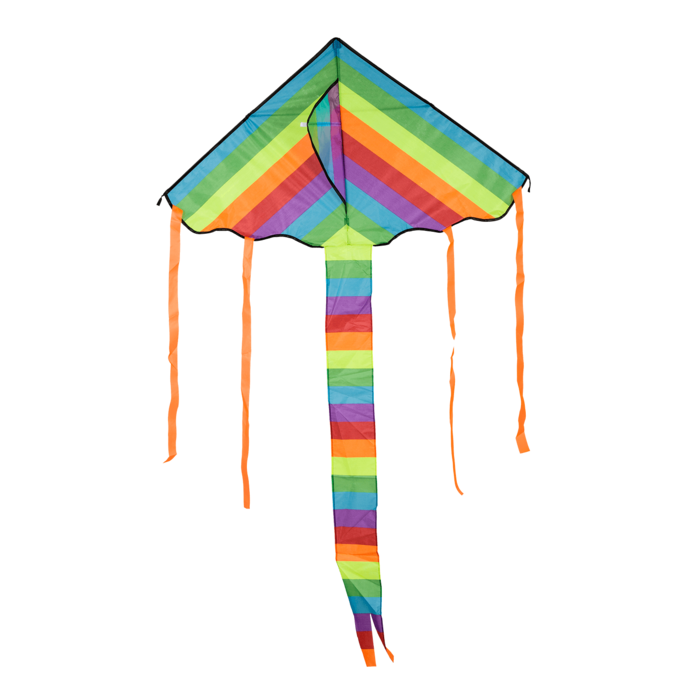 Bunter Lenkdrachen im Regenbogen-Design mit langen orangefarbenen Schweifen, freigestellt auf weißem Hintergrund.