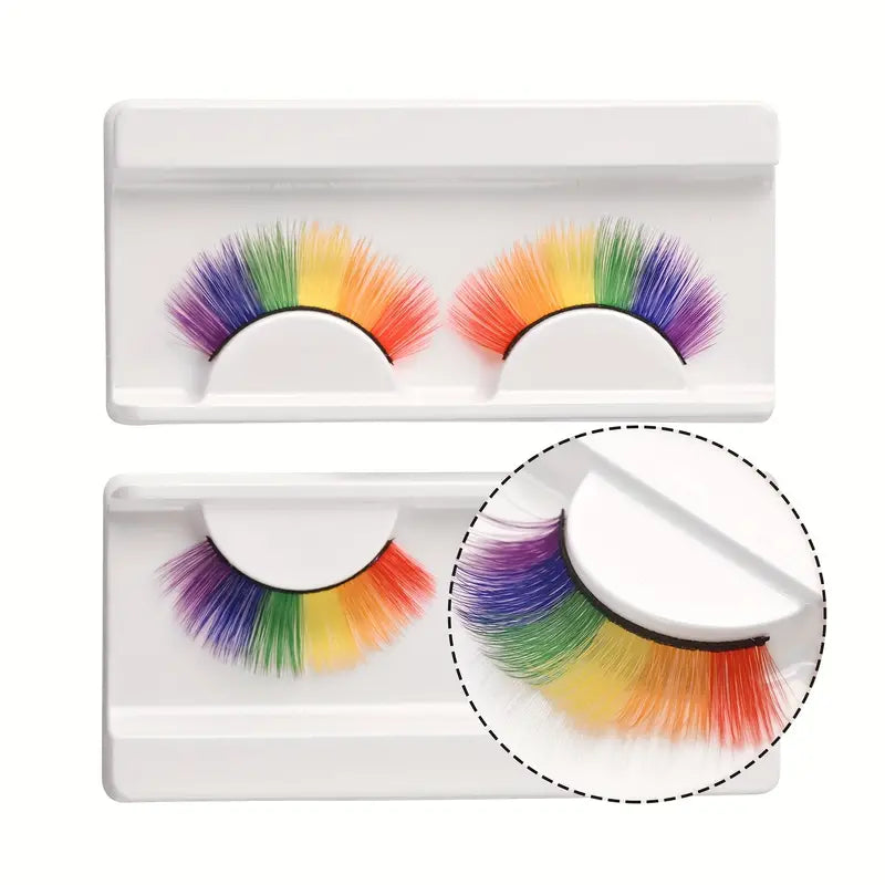 Diese knuestlichen Regenbogenwimpern sind farbenfrohe, wie wiederverwendbare Wimpern mit einem Farbverlauf von Lila bis Orange. Sie eignen sich ideal für auffaellige Looks bei Partys, Festivals oder Pride-Events und verleihen den Augen einen lebendigen, ausdrucksstarken Akzent.