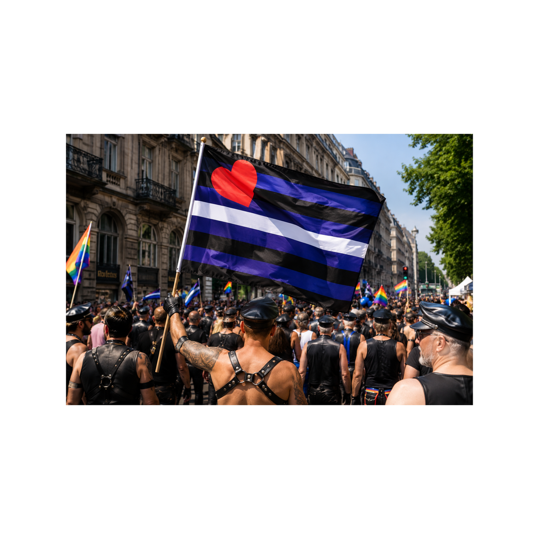 Leather Pride Flagge mit schwarzem, blauem und weissem Streifendesign sowie rotem Herz weht während einer Pride-Parade über der Leather-Community und symbolisiert Vielfalt, Respekt und Zusammenhalt innerhalb der LGBTQIA+-, BDSM- und Fetisch-Community.