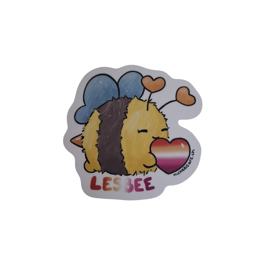 Kawaii-Bienen-Sticker Lesbee, flauschige gelbe Biene mit Lesben-Pride-Herz.