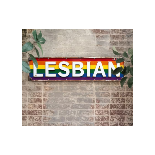 Metallschild mit Regenbogenstreifen und weißem Schriftzug ‚LESBIAN‘, aufgehängt an einer hellen Ziegelwand, mit grünen Blättern am Rand.