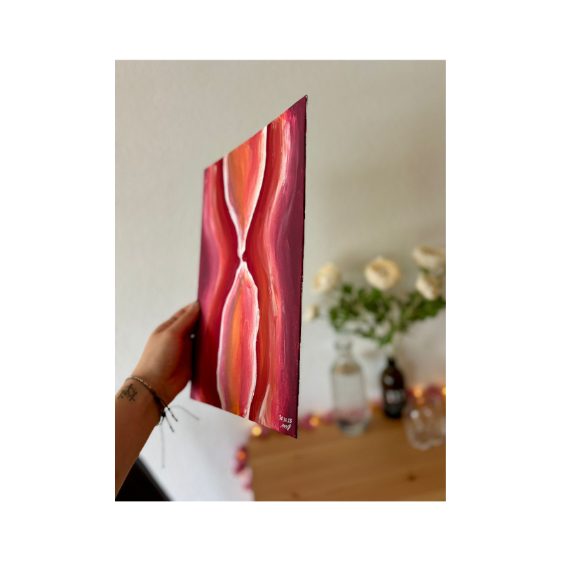 Seitenansicht eines handgemalten lesbischen Acrylgemäldes auf Canvas in warmen Rot- und Pinktönen, moderne LGBTQ Kunst