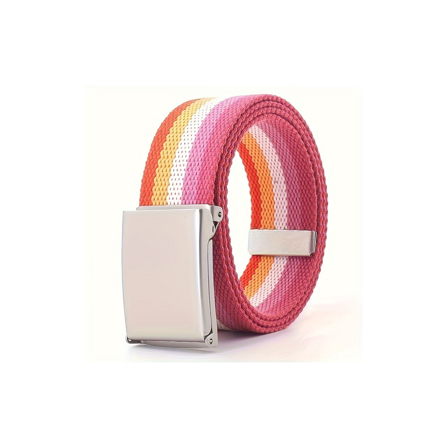 Lesbian Pride Gürtel mit Streifen in Orange, Weiss und verschiedenen Rosatönen. Gewebter Stoffgürtel mit silberfarbener Klemmschnalle, 130 cm lang und 3,8 cm breit, auf weissem Hintergrund.