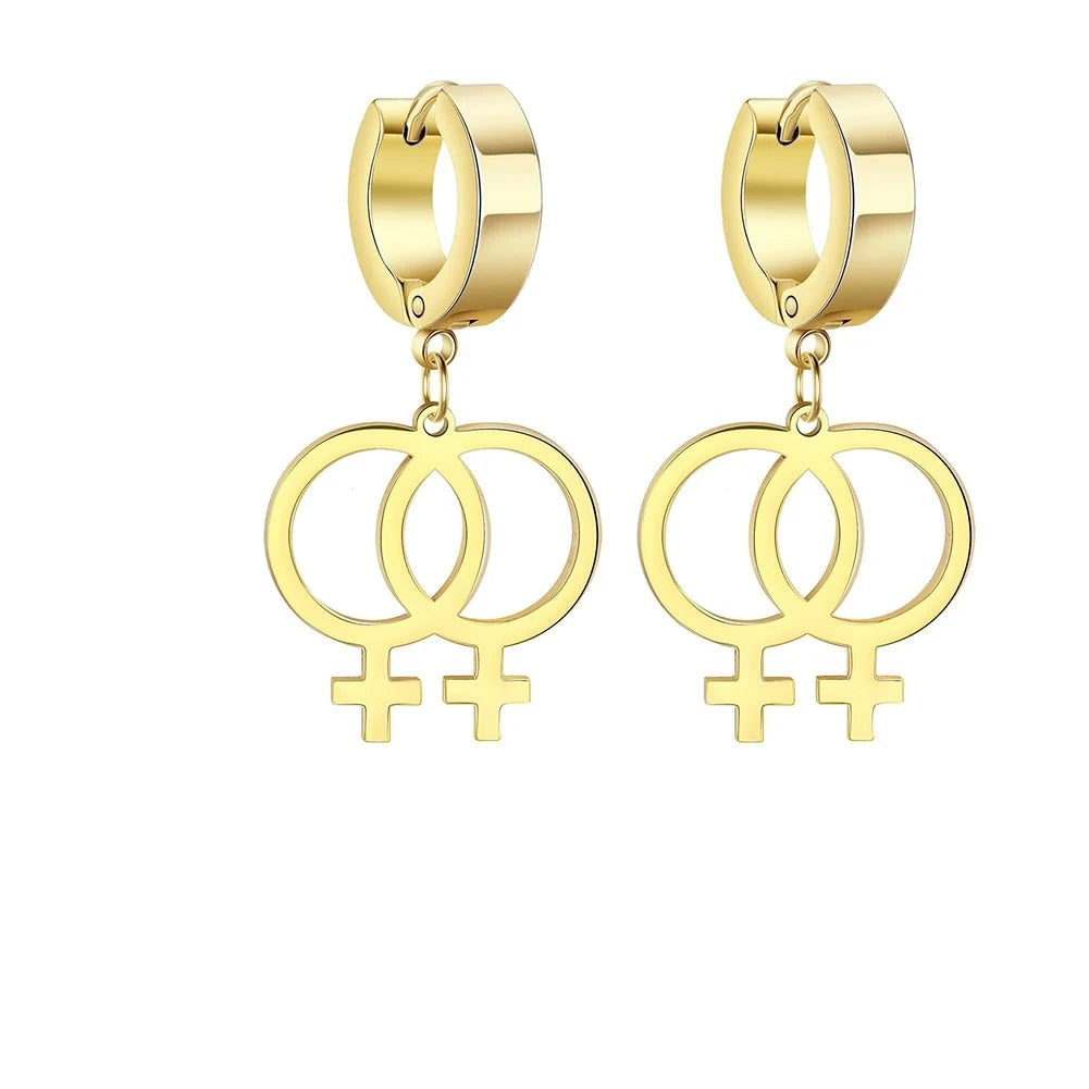 Goldfarbene Creolen mit Doppel-Venus-Symbol als lesbische LGBTQ+ Pride Ohrringe.