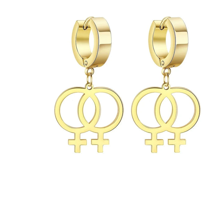 Goldfarbene Creolen mit Doppel-Venus-Symbol als lesbische LGBTQ+ Pride Ohrringe.