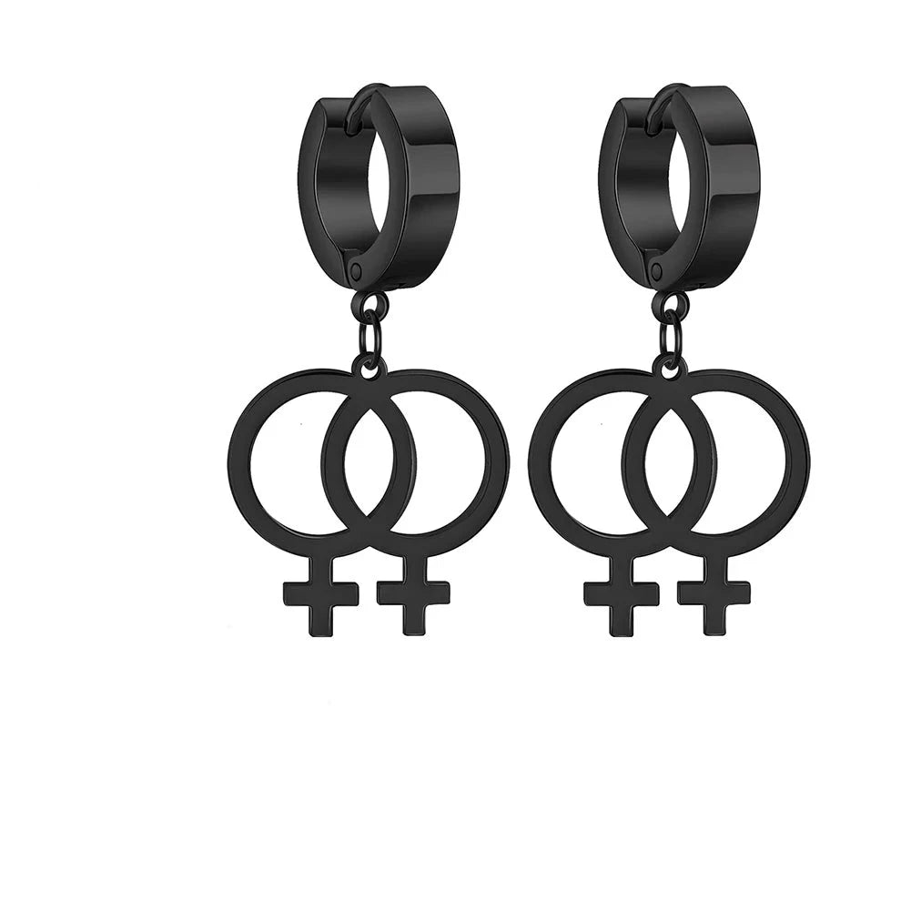 Schwarze Creolen mit Doppel-Venus-Symbol als lesbische LGBTQ+ Pride Ohrringe.