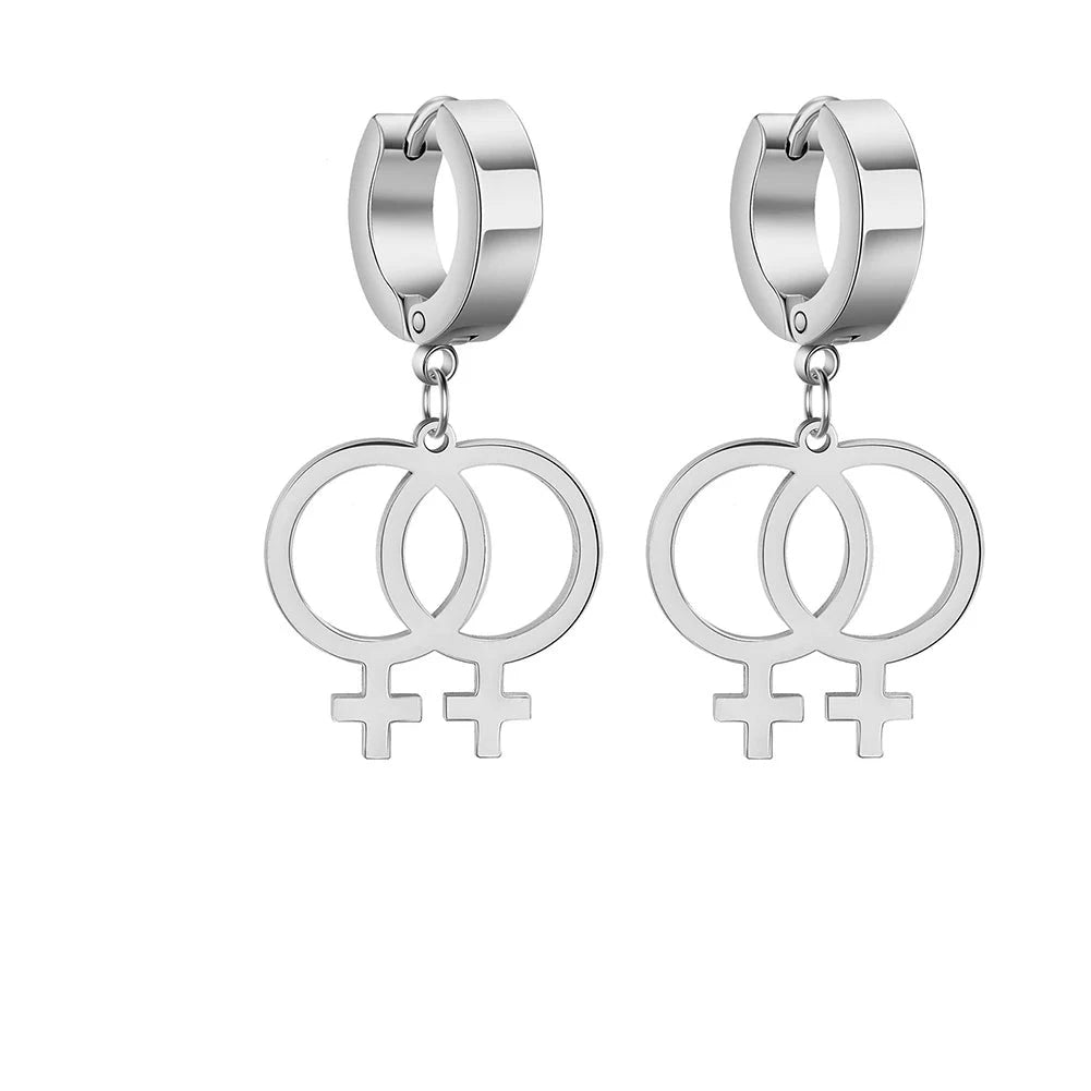 Silberne Creolen mit Doppel-Venus-Symbol als lesbische LGBTQ+ Pride Ohrringe.