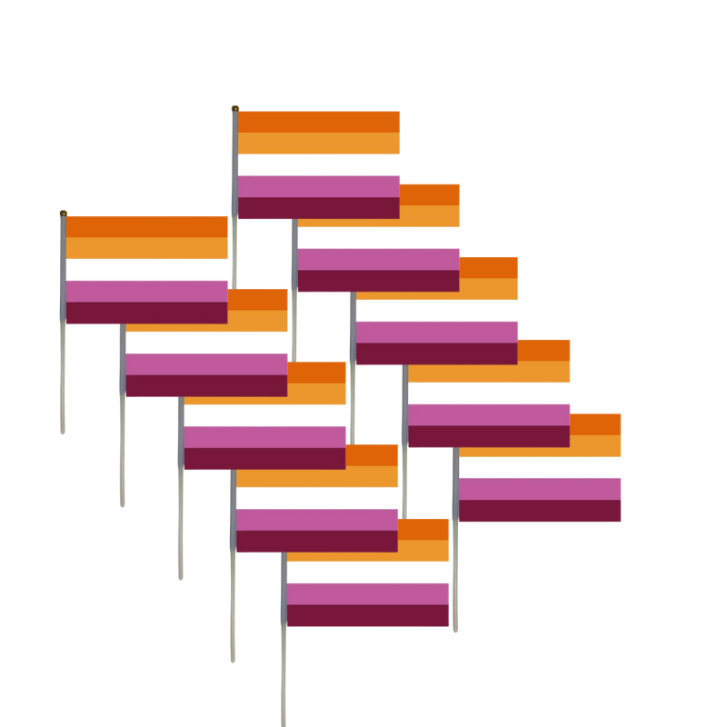 Mehrere lesbische Pride Handflaggen mit den Farben der Sunset Lesbian Flag