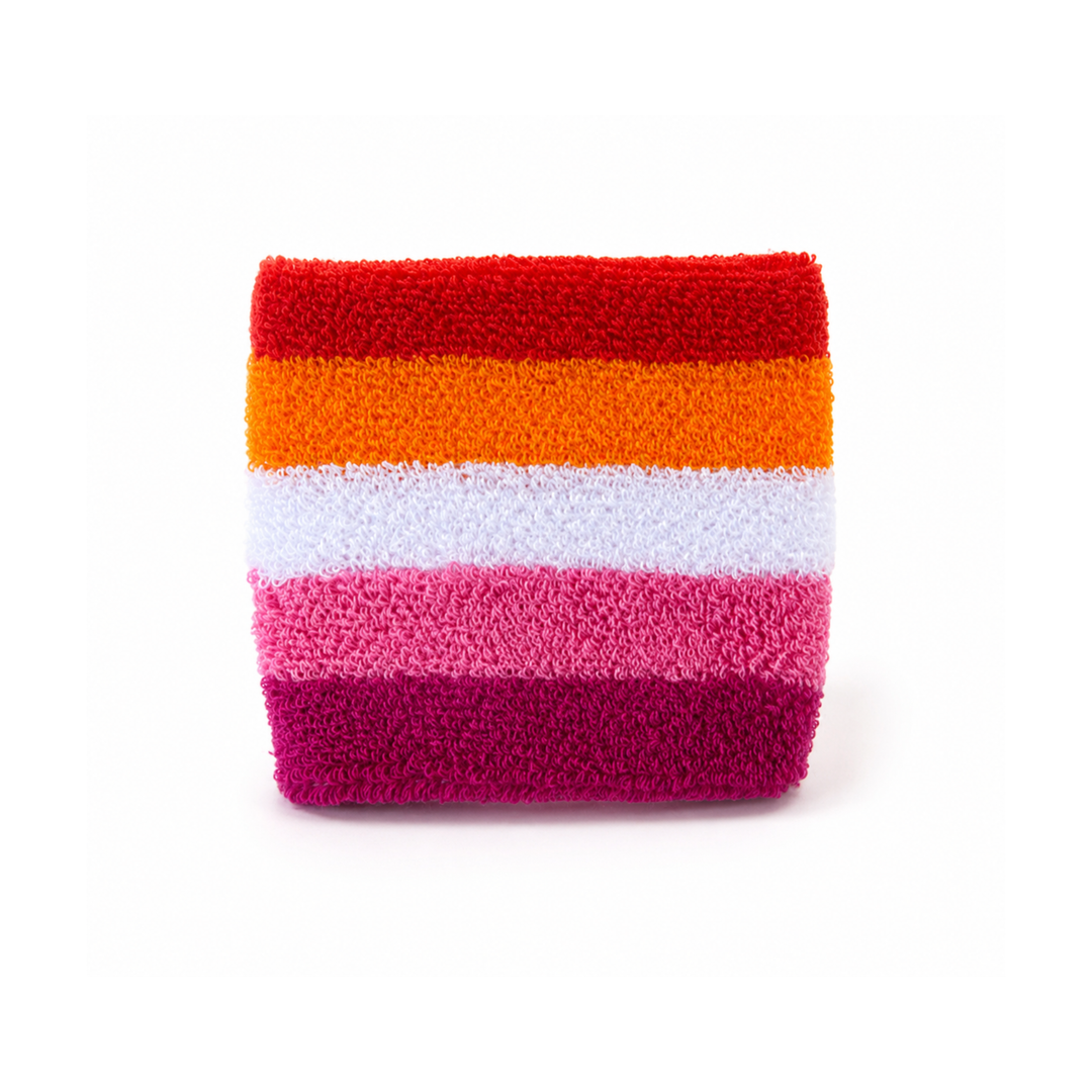 Lesbisches Pride Schweißband aus Frottee in den Farben der lesbischen Pride-Flagge, 8 × 7 cm – weiches Sport- und Festivalarmband.