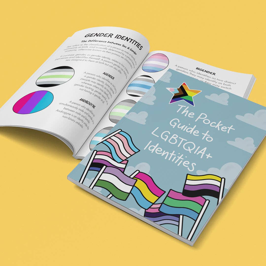 The Pocket Guide to LGBTQIA+ Identities mit Informationen zu Geschlechtsidentitäten, Pride-Flaggen und queeren Identitäten.