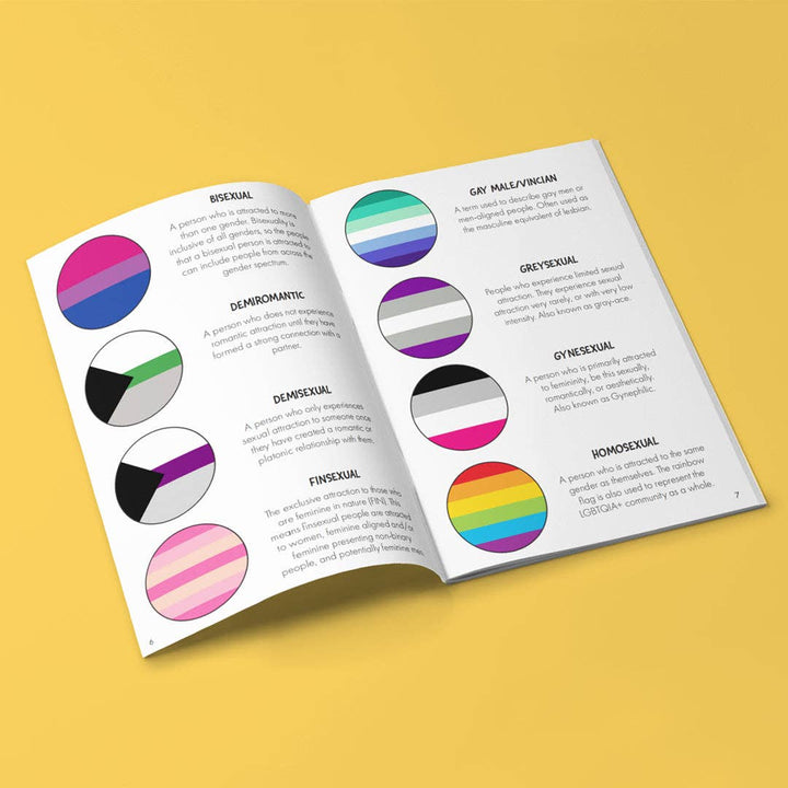 Innenseite von The Pocket Guide to LGBTQIA+ Identities mit Pride-Flaggen, sexuellen Orientierungen und Erklärungen zu LGBTQIA+ Identitäten.