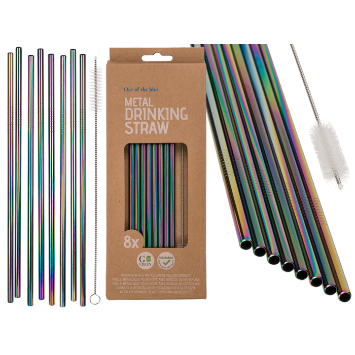 Set aus acht wiederverwendbaren Metall-Trinkhalmen in Regenbogenfarben mit einer Länge von 23,5 cm. Enthält eine Reinigungsbürste zur einfachen Reinigung. Verpackt mit einer Headercard. Nachhaltige, plastikfreie Alternative für Cocktails, Smoothies und andere Getränke.