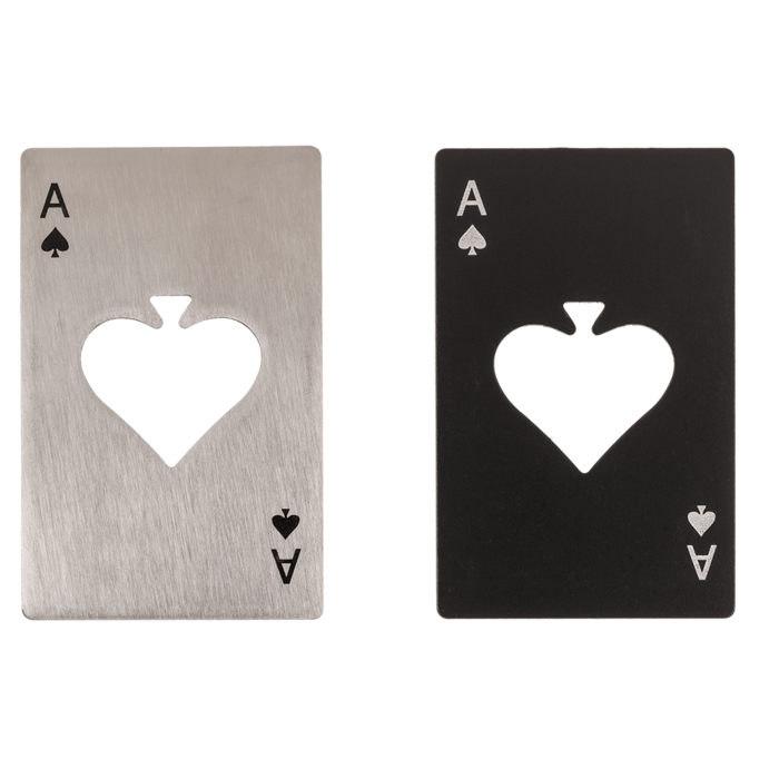 Metall Flaschenöffner in Pokerkarten-Form. Flach, robust & handlich – ideal für Bar, Party, unterwegs oder als Geschenk für Pokerfans.