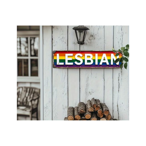 Metallschild mit Regenbogenstreifen und weißem Schriftzug ‚LESBIAN‘, aufgehängt an weißer Holzwand, daneben grüne Blätter.