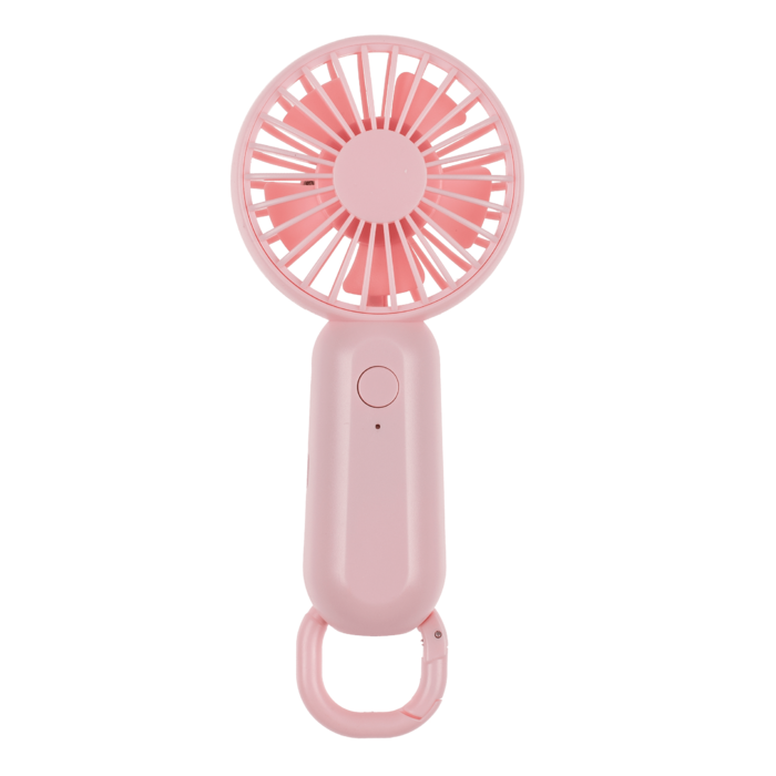 Rosa Mini USB Ventilator als tragbarer Handventilator mit Ein-Knopf-Bedienung und drei Geschwindigkeitsstufen.