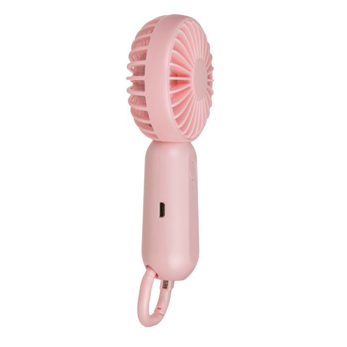 Rosa Mini USB Ventilator in Seitenansicht mit USB-Anschluss.