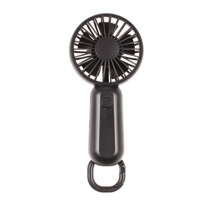 Schwarzer Mini USB Ventilator als tragbarer Handventilator mit Ein-Knopf-Bedienung.