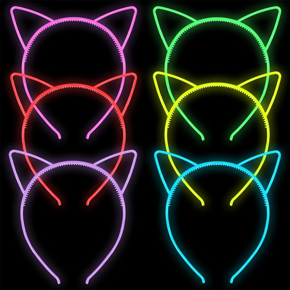 Leuchtende Katzenohren-Haarreifen im Neon-Design in mehreren Farben vor schwarzem Hintergrund, ideal für Partys und Events.