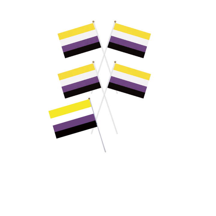 Fünf nicht-binäre Pride Handflaggen mit gelben, weißen, lila und schwarzen Streifen, als Set angeordnet