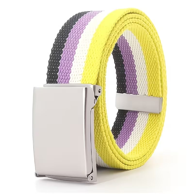 Non-binärer Canvas Gürtel in Gelb, Weiß, Lila und Schwarz mit Metallschnalle
