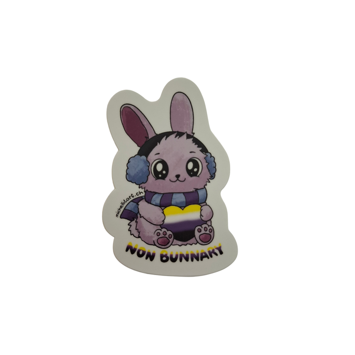 Non-Binary Hase Sticker von Michellitart mit Non-Binary Pride Schal in Gelb, Weiss, Lila und Schwarz. LGBTQIA+ Sticker aus der Schweiz.