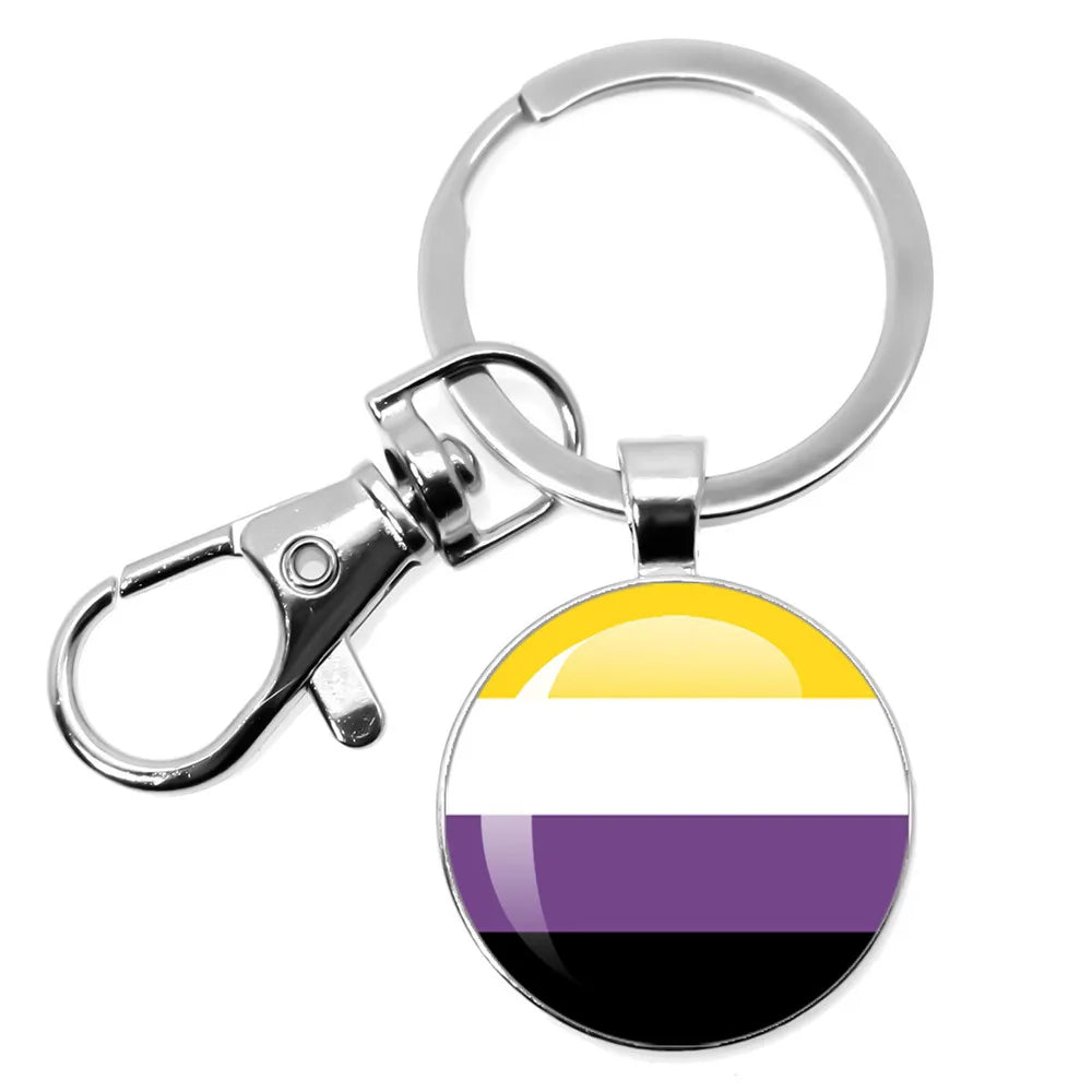 Runder Metall-Schlüsselanhänger mit Nonbinary-Flagge in Gelb, Weiß, Lila und Schwarz.