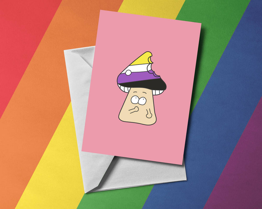 Nonbinary Pride Grußkarte mit Pilz Motiv und Umschlag auf Regenbogen Hintergrund