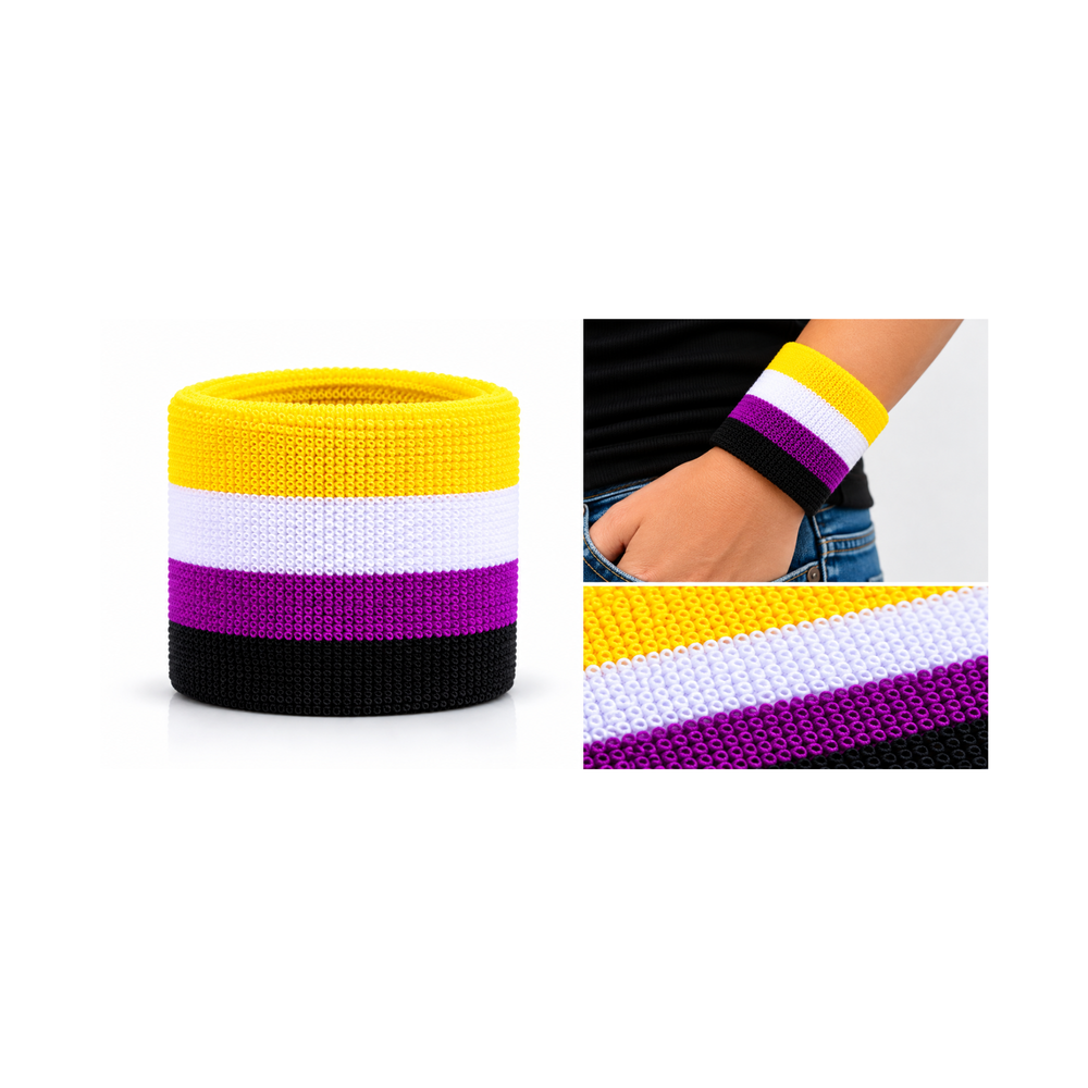 Nonbinary Pride Frottee-Handgelenkband mit Produktansicht, Tragebeispiel und Detailaufnahme des Materials