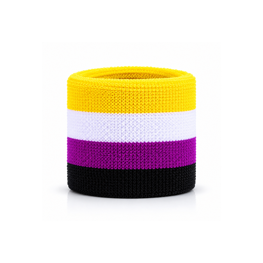 Nonbinary Pride Schweissband aus Frottee in Gelb, Weiss, Violett und Schwarz auf weissem Hintergrund