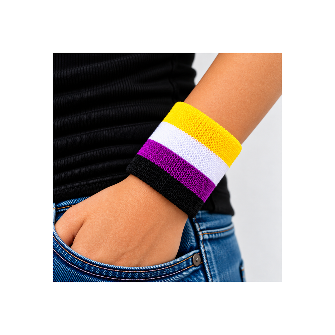 Nonbinary Pride Frottee-Handgelenkband mit Produktansicht, Tragebeispiel und Detailaufnahme des Materials