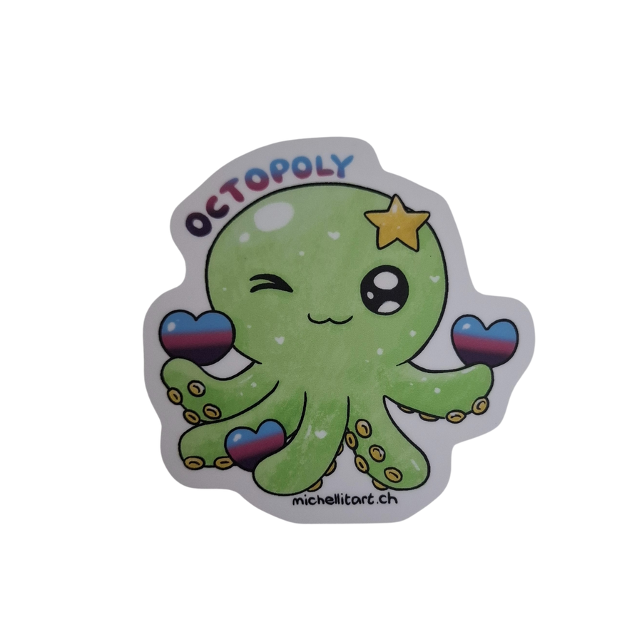 Kawaii-Oktopus-Sticker mit zwinkerndem grünen Octopus, bunten Herzmotiven und dem Schriftzug Octopoly