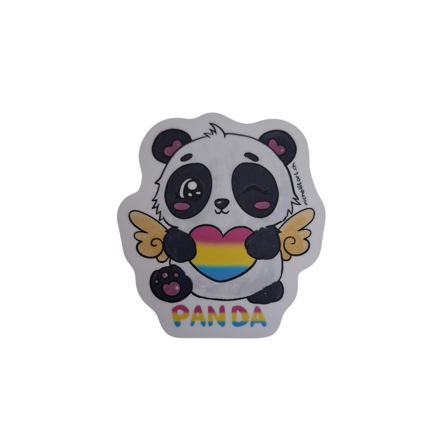 Kawaii-Panda-Sticker mit Pansexual-Pride-Herz und kleinen Flügeln.