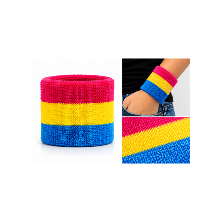 Pansexual Pride Schweissband aus Frottee in Pink, Gelb und Blau mit Produktansicht, Tragebeispiel am Handgelenk und Materialdetail