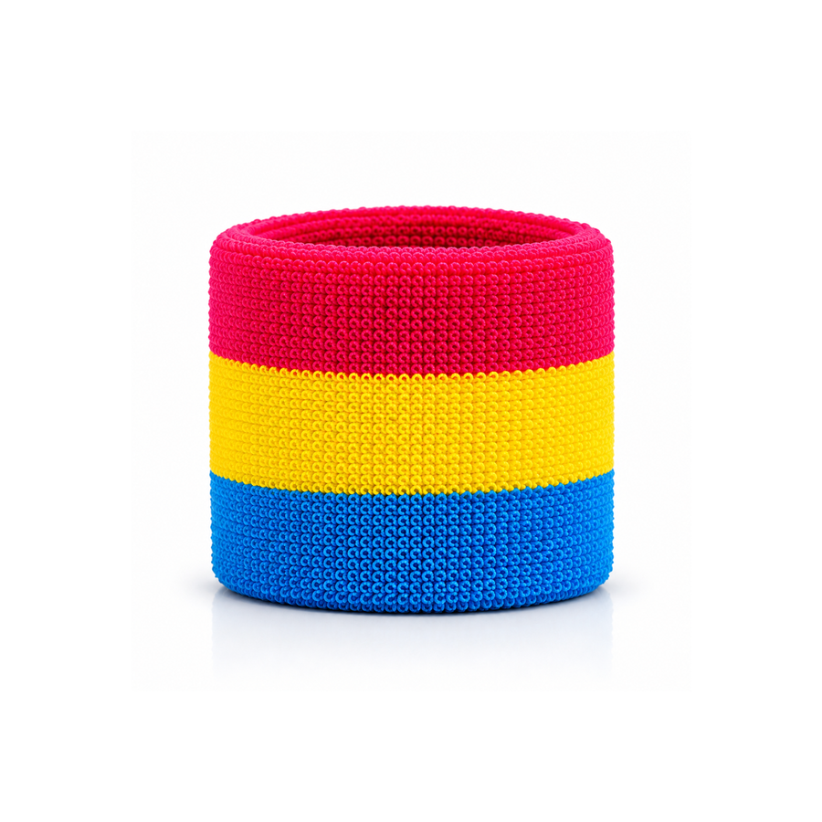 Pansexual Pride Schweissband aus Frottee mit pinken, gelben und blauen Streifen auf weissem Hintergrund
 Kopieren