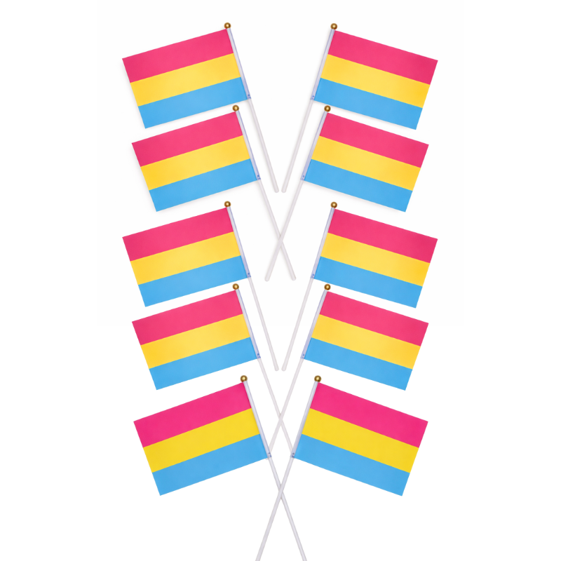 Zehn pansexuelle Pride Handflaggen mit pinken, gelben und blauen Streifen, als Set angeordnet
